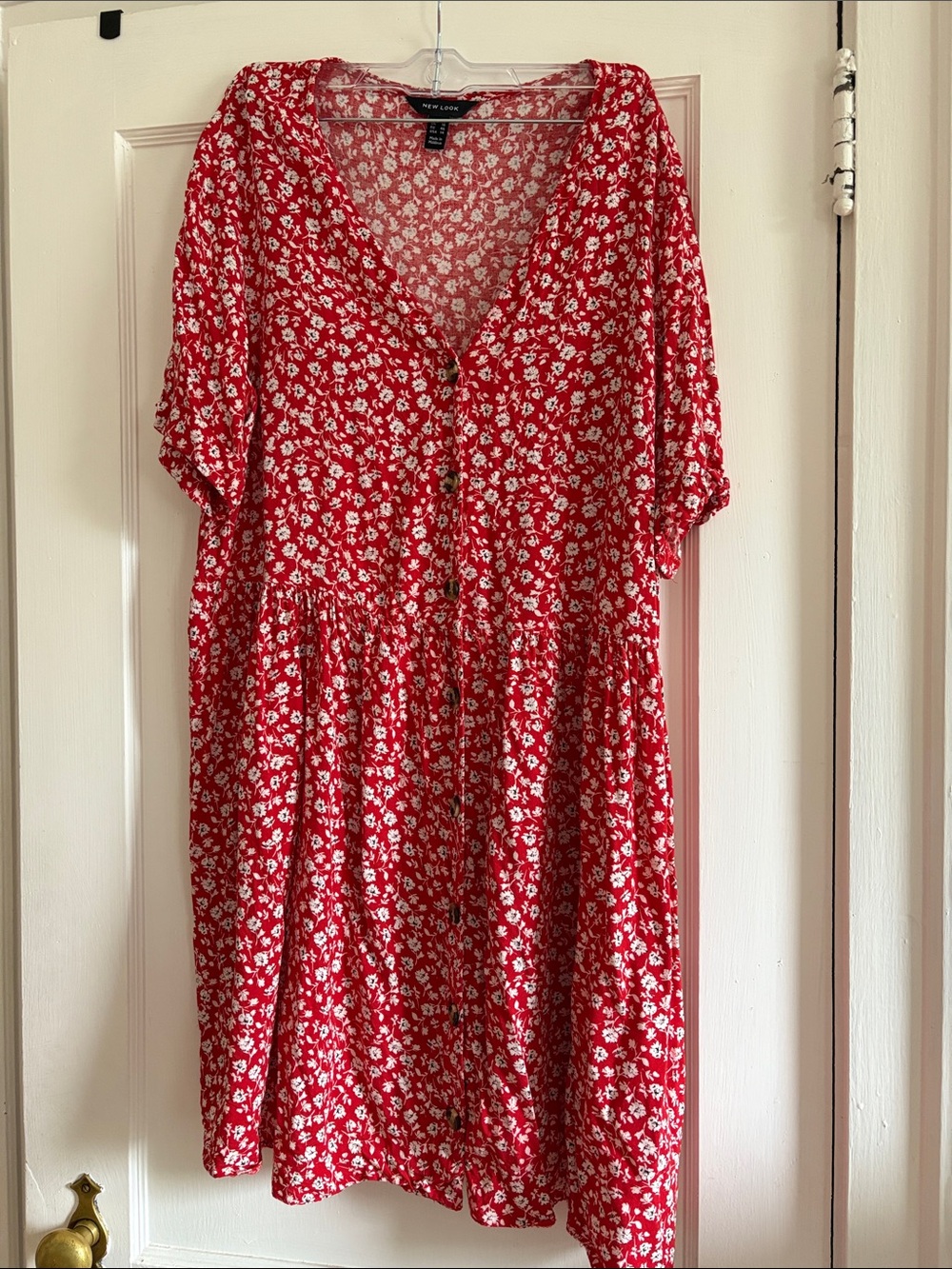 New Look Red Floral Button-Front Midi Dress